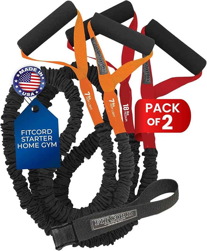 American Made FITCORD Resistance Bands 2 Pack with Door Anchor- Home Workout Equipment Set - Secure & Durable, Body Stretching & Strength Training for Men & Women - 7lb & 18lb Bands