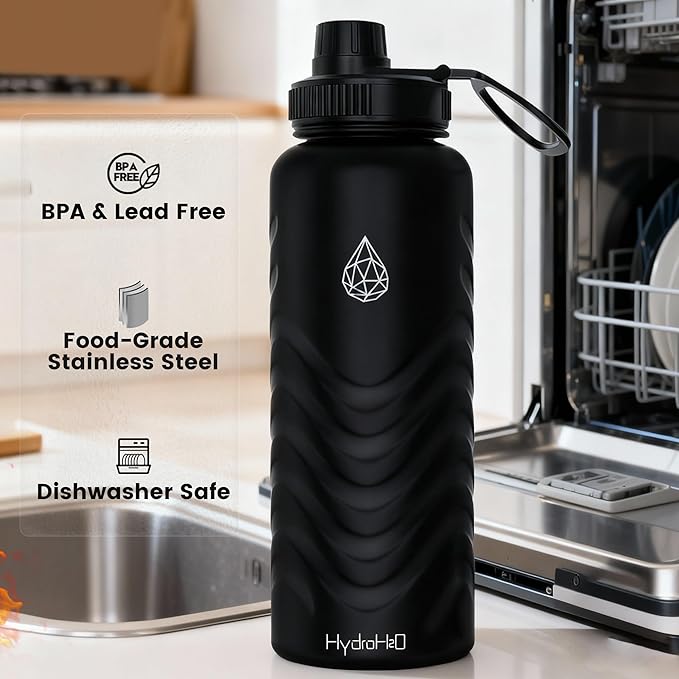 32oz Stainless Steel Insulated Water Bottle, 48H Cold & 24H Hot, Leak-Proof Wide Mouth Lids (Straw & Spout), BPA-Free Bottles, Mens Water Bottle for Gym, Hiking, Travel - Black