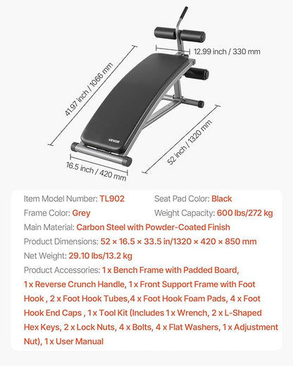 VEVOR Sit Up Bench, Decline Ab Bench with Reverse Crunch Handle, Adjustable Height Setting, Heavy Duty Steel, 500/600/1000 Lbs Capacity for Home Gym Workouts, Strength Training, Full Body Muscles