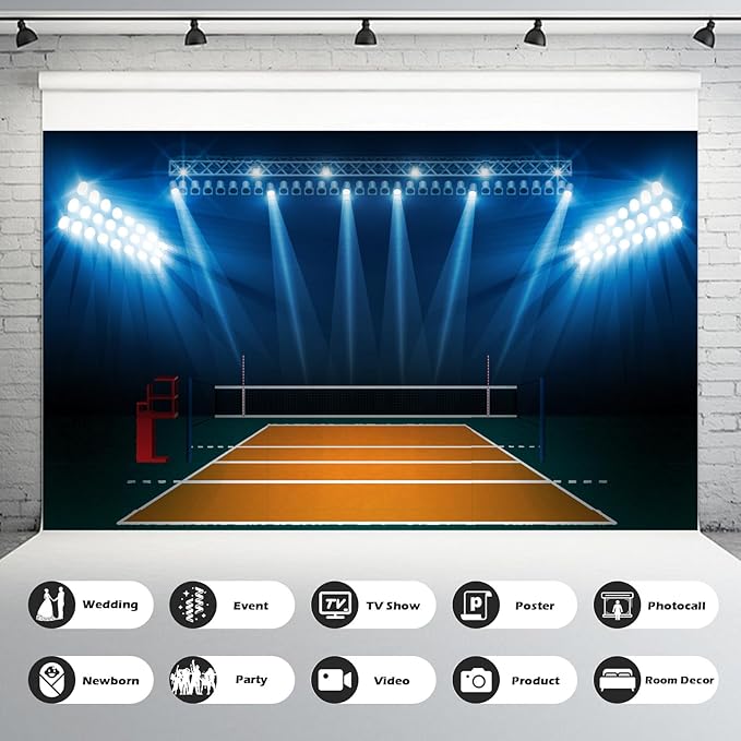 Volleyball Court Arena Backdrop Indoor Volleyball Court Sports Photography Background Volleyball Stadium with Bright Lights Backdrop Decors for Birthday Party Cake Table Decorations Props 20x10ft
