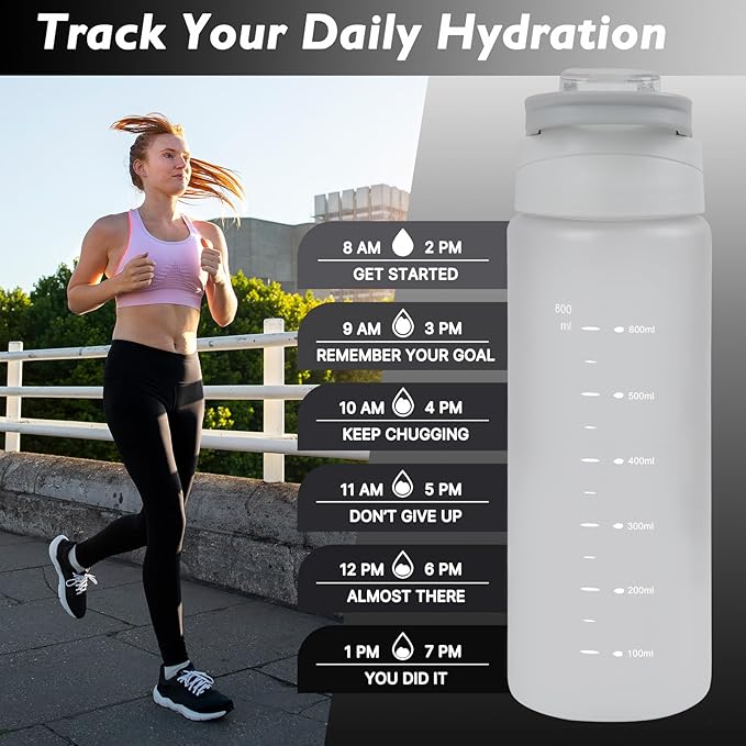 27oz Sports Water Bottle with Removable Filter, Motivational Water Bottle with Capacity Marker, Leakproof Drinking Water Bottle with Handle for Travel Fitness Gym Outdoor (White)