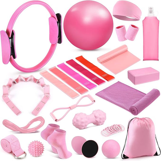 24 Pcs Home Pilates Essentials Kit for Women, Pilates Equipment Ring and Ball Set with Stretching Strap, Water Bottle, Magic Circle, Yoga Ring, Gym Bag, Resistance Band, Anti Slip Socks