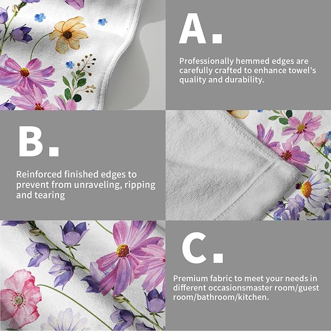 Spring Wildflower Kitchen Towels 14"x28" Set of 2 Watercolor Floral Hand Bath Towel Spring Summer Seasonal Soft Absorbent Fingertip Towel for Bathroom Shower Hotel Gym