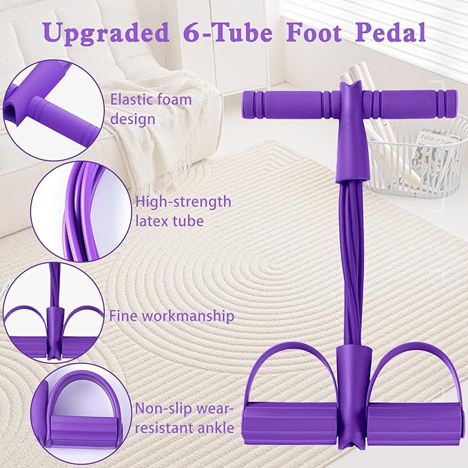 Pedal Resistance Band with Handle,Aturien 6-Tube Elastic Yoga Pedal Puller Exercise Bands,Multifunctional Stretch Bands for Exercise,Home Workout Equipment for Legs Arms Abs,Purple