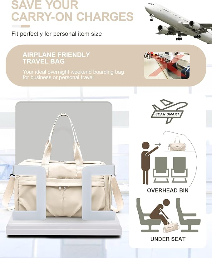 Gym Bag for Women Men, Sport Duffel Bag with Toiletry Bag & Shoe Compartment,Waterproof Travel Weekender Overnight Carry on Bag for Yoga with Trolley Sleeve, Beige Set