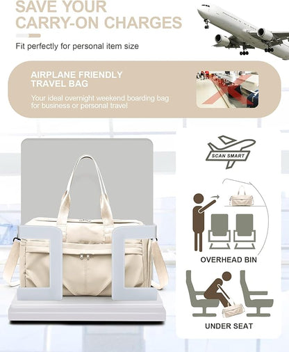 Gym Bag for Women Men, Sport Duffel Bag with Toiletry Bag & Shoe Compartment,Waterproof Travel Weekender Overnight Carry on Bag for Yoga with Trolley Sleeve, Beige Set