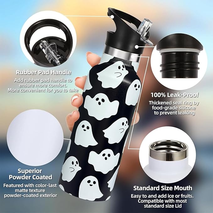 Halloween Ghost Sport Water Bottle with Straw, Vacuum Insulated Stainless Steel Thermal Drinking Travel Mug Cups For Gym Fitness Camping-20oz/600ml