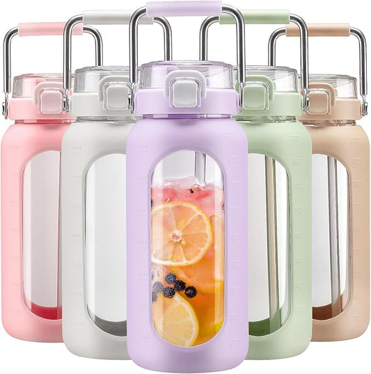 BLUEGO 64oz Water Bottle Glass with Stainless Steel Handle Large Water Bottle with Time Markers and Silicone Sleeve Half Gallon Water Jug BPA Free for Gym Daily Use, Purple