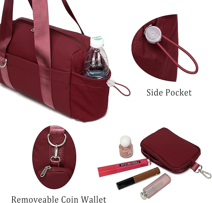 Everyday Mini Gym Bag for Women 2.0, Small Tote with Zipper Compartment Waterproof Travel Duffle Cute Handbag Workout Carry On with Removeable Shoulder Strap & Coin Wallet Easy to Clean-Wine