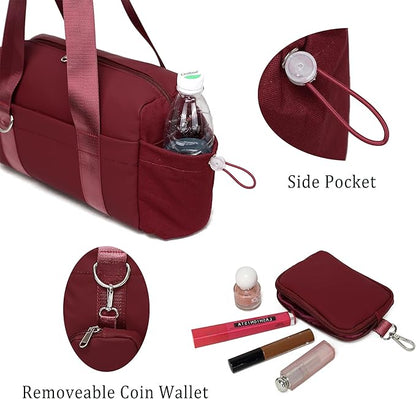 Everyday Mini Gym Bag for Women 2.0, Small Tote with Zipper Compartment Waterproof Travel Duffle Cute Handbag Workout Carry On with Removeable Shoulder Strap & Coin Wallet Easy to Clean-Wine