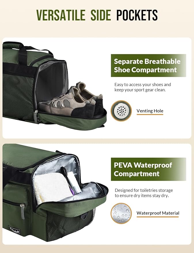 Gym Bag for Men Women with Shoes Compartment 3-in-1 Sports Travel Duffel Bag Multipurpose Weekender Overnight Backpack with Wet Pocket - Green