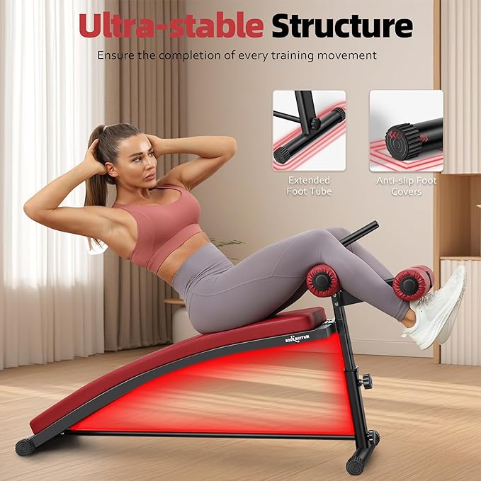BODY RHYTHM Sit Up Bench with 4 Adjustable Heights and Reverse Crunch Handle, Curved Ab Workout Bench for Home Gym, Adjustable Weight Bench for Core Workouts and Decline Bench Press, Suitable for Individuals Up to 5.9ft Tall.