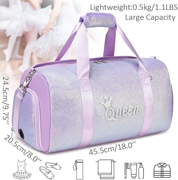 Dance Duffle Bag for Girls Shiny Glitter Sports Gym Bag for Girls Weekender Overnight Sleepover Travel Duffel with Shoes Compartment