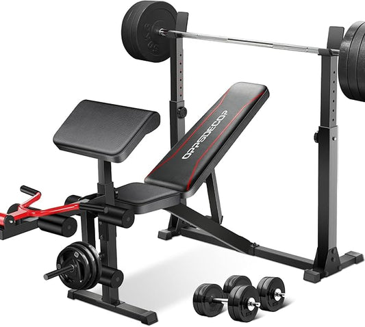 OPPSDECOR 900LBS Weight Bench Set with Squat Rack Preacher Curl Weight Bench with Leg Extension Bench Press Set Workout Bench for Home Gym Full Body Workout