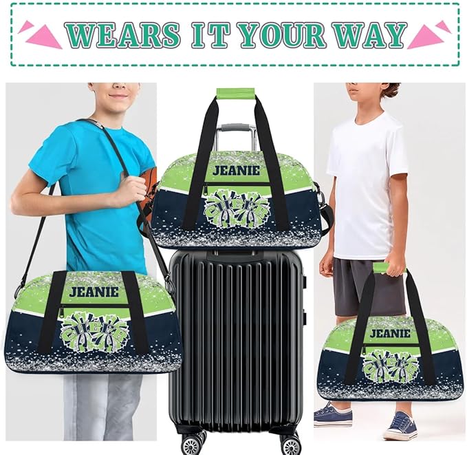 Personalized Cheer Gym Bags for Girls Kids Cheerleaders with Custom Name Sport Dance Perform Training Duffel Bags for Overnight Weekender Travel Green Blue