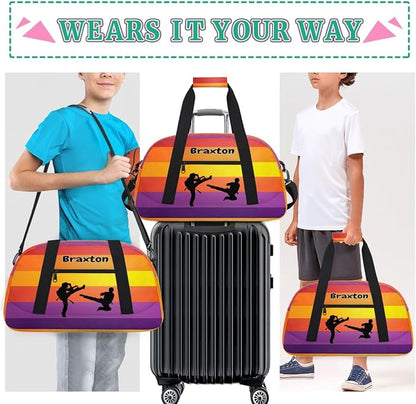 Personalized Sports Duffel Bag with Name Boys, Overnight Workout Training Bags Cheerleaders Bag Personalized Gym Bag Weekender Bags, Martial Arts Silhouette Colorful Stripes