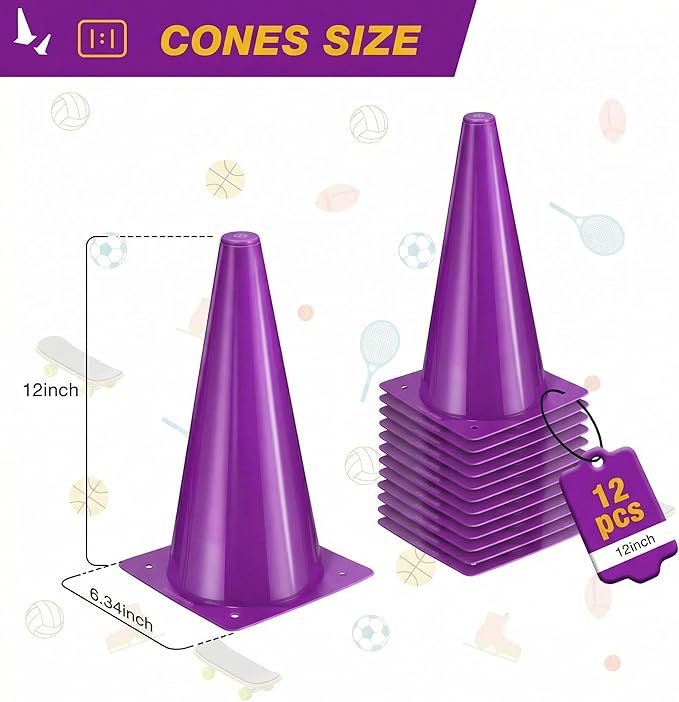 12 Inch Durable Cones,12pcs Versatile Plastic Traffic Cones and Soccer Cones for Sports Training,Agility Drills,Parking Safety,Basketball Training,Football Training.