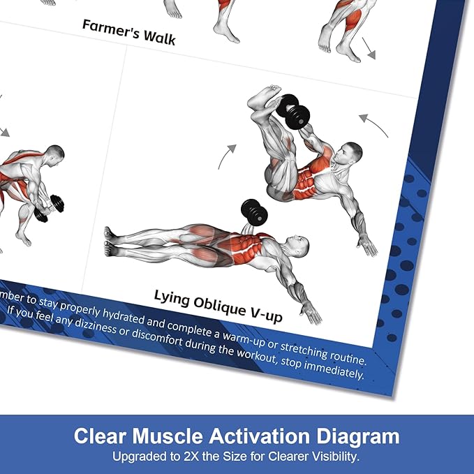 Dumbbell Workout Poster Set (2 Pack) - Workout Posters for Home Gym, Volume I & II - 18" x 24" with Enlarged Dumbbell Exercise Charts Illustrations, Home Gym Decor