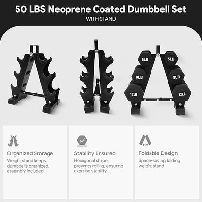 BalanceFrom Neoprene Coated Iron Dumbbell Hex Weights Set with Stand – Color-Coded or Black Options with Non-Slip Grip for Strength Training, Resistance Workouts, and Home Gym Fitness
