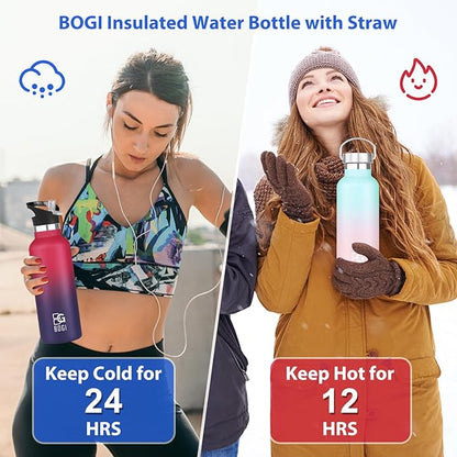BOGI 20oz Insulated Water Bottle, Wide Mouth Stainless Steel Water Bottles Leakproof Metal Water Bottle with Straw and Handle BPA Free Steel Water Bottle for School Fitness Outdoor Sports-Blue Pink