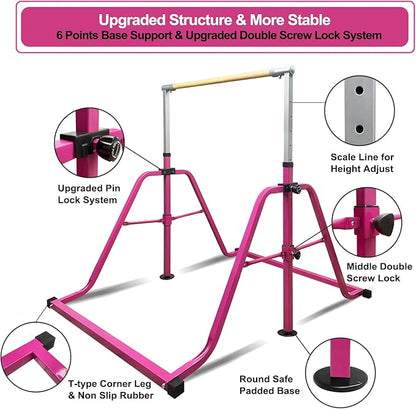Foldable & Moveable Gymnastics Horizontal Bar with Rings,3’to 5’Adjustable Height Expandable Junior Kip Bar for Home,Indoor Gym Equipment for Kids
