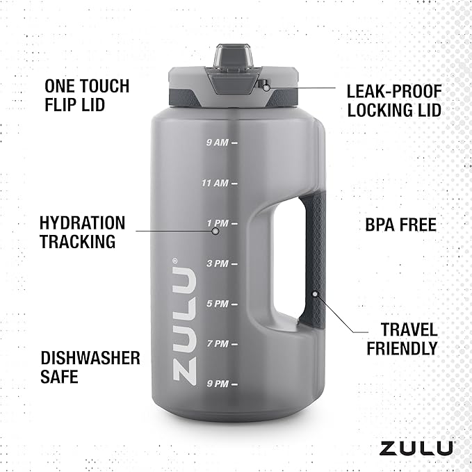 ZULU Goals 128oz Half Gallon Plastic Water Bottle with Straw and Time Marker | Large Reusable Jug with Handle and Leak Proof Lid for All Day Hydration, Gym and Outdoors, Gift Ready, Grey