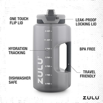 ZULU Goals 128oz Half Gallon Plastic Water Bottle with Straw and Time Marker | Large Reusable Jug with Handle and Leak Proof Lid for All Day Hydration, Gym and Outdoors, Gift Ready, Grey