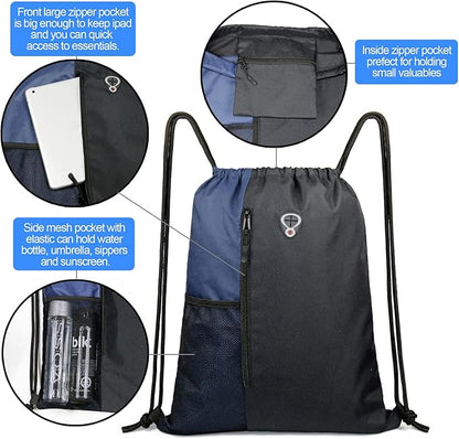 BeeGreen Drawstring Backpack Sports Gym Bag for Women Men Large Cinch Sackpack with 2 Zipper Pockets and Water Bottle Mesh Pockets Black Navy