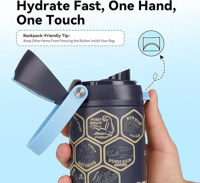 24 oz Motivational Insulated Stainless Steel Water Bottle for Sports, Gym & Travel, 2-in-1 Push-Button Spout & Quick-Flip Straw, Leak-Proof BPA-Free, Keeps Cold 30H, with DIY Fitness Stickers