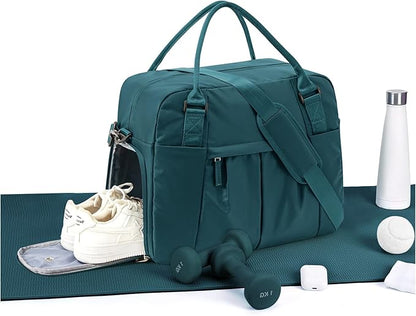 Large Carry on Gym Bag for Women, Waterproof Sport Bag for Fitness with Dry Wet Separated Pocket and Shoe Compartment, Overnight Weekender Fitness Workout Sports Bag, Peacock Blue