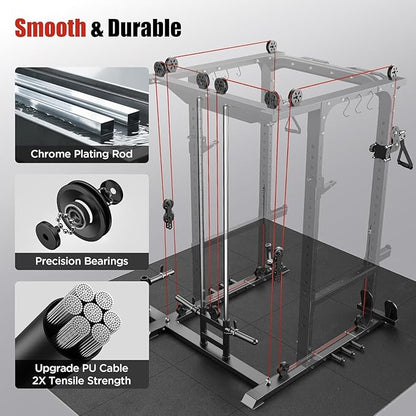 Sportsroyals Squat Rack, LAT Power Cage, Power Rack Multi-Function with Pulley System and Training Attachments for Home Gym