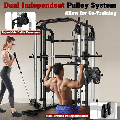 Smith Machine, Multifunctional Power Cage Rack with Smith Bar and Cable Pulley System, and LAT Pull Down Machine for Home Gym…
