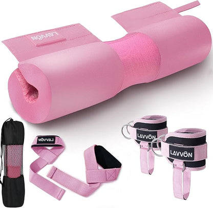Barbell Squat Pad Set- Nylon Padding AntiSlip- Thick Foam Barbell Pad for Squats Cushion,Lunges&Bar Padding for Hip Thrusts -Standard Olympic Weight Bar Pad (Wrist Straps Weightlifting-Ankle Straps)