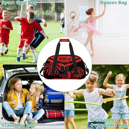 Personalized Girls Gym Cheerleading Bag Sport Duffle Bag, Custom Name Carry On Weekender Bag Travel Vocation Business Trip, Red Glittering Cheerleader Pom Poms