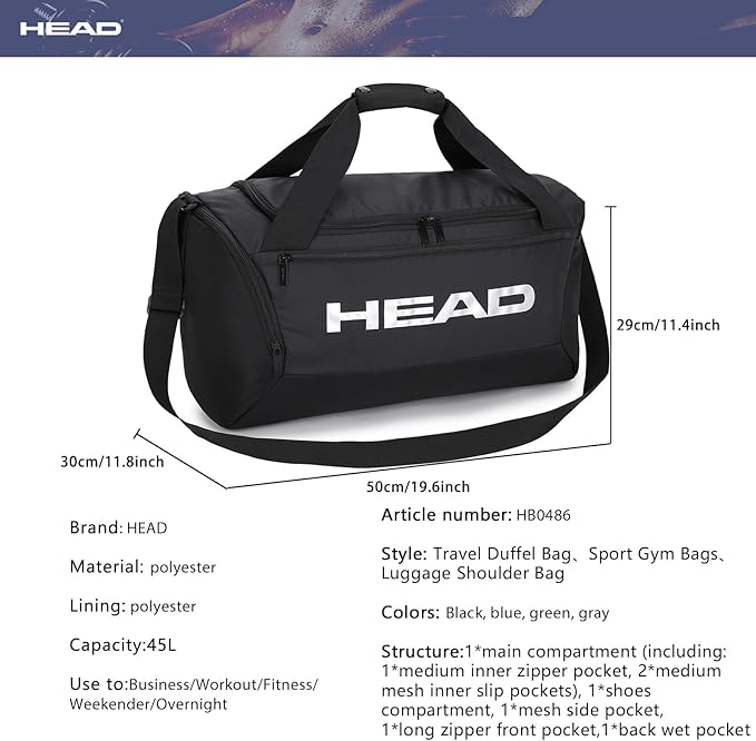 HEAD 45L Waterproof Gym Duffle Bag for Men, Large Capacity Sports Bag with Shoe Compartment & Dry Wet Pocket, Durable Crossbody Weekender Bag for Tennis, Workout, Fitness, Overnight Travel
