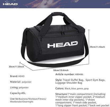 HEAD 45L Waterproof Gym Duffle Bag for Men, Large Capacity Sports Bag with Shoe Compartment & Dry Wet Pocket, Durable Crossbody Weekender Bag for Tennis, Workout, Fitness, Overnight Travel