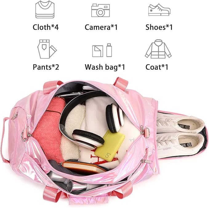Gym Bag Sports Duffle Bag with Wet Pocket Weekender Overnight Bags with Waterproof Shoe Compartment for Girls Kids Women Travel Dance Yoga Workout Bags (Pink)