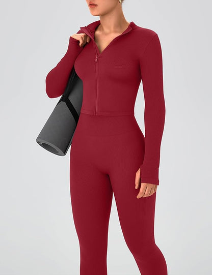 OLCHEE Womens Workout Sets 2 Piece Seamless Ribbed Long Sleeve Yoga Outfits High Waist Leggings Zipper Jacket Thumb Hole Gym