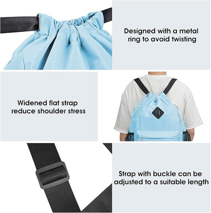 WANDF Drawstring Backpack Sports Gym Bag with Shoes Compartment, Water-Resistant String Backpack Cinch for Women Men(Large,Light blue)