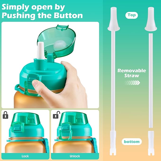 Gallon Motivational 64/100 oz Water Bottle with Time Marker & Straw, Large Daily Water Jug for Fitness Gym Outdoor Sports, Remind of All Day Hydration, Leak Proof, BPA Free (orange+green, 100oz)