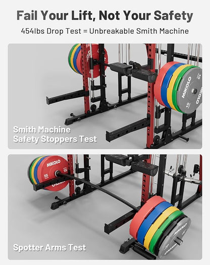 Mikolo M4 2.0 Smith Machine, 2200lbs Squat Rack with LAT-Pull Down System & Cable Crossover Machine, Training Equipment with Leg Hold-Down Attachment