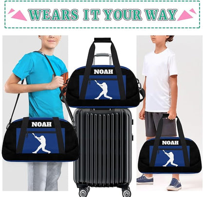 Personalized Sports Training Bag for Boys, Custom Name Baseball Carry On Weekender Gymnastics Gym Bag for Men Travel Business Trip, Playing Baseball Silhouette Blue and Black Background