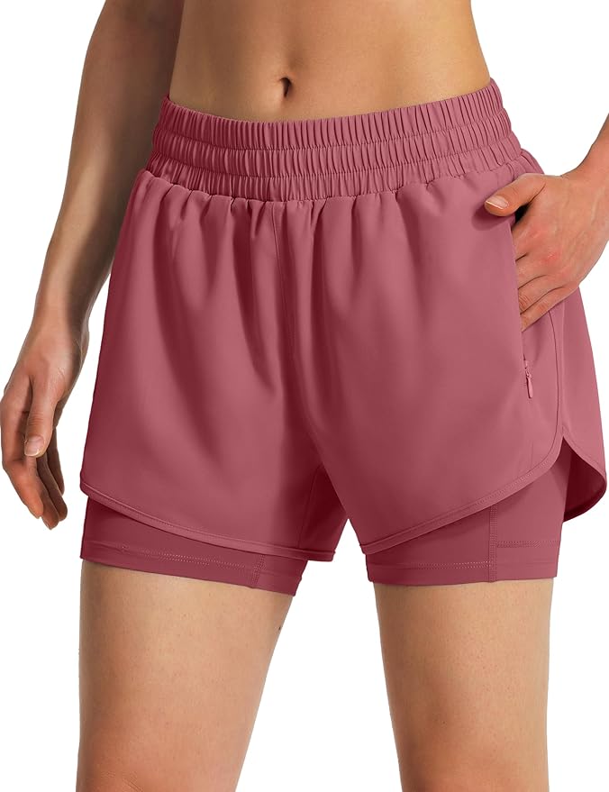 Ksmien Women's 2 in 1 Running Shorts Quick Dry Athletic Gym Workout Shorts with Liner Phone Pockets