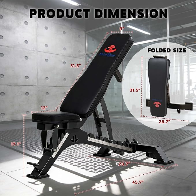 Adjustable Weight Bench 1300 lb Capacity, Foldable Workout Bench with 10 Backrest & 3 Seat Positions, Heavy Duty Home Gym Bench for Incline Decline Flat Dumbbell Training