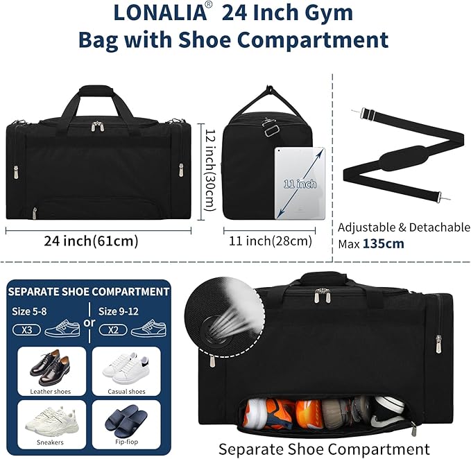 24 inch Mens Gym Bag with Shoe Compartment - 55L Sports Duffle Bag for Travel Workout Fitness-Black