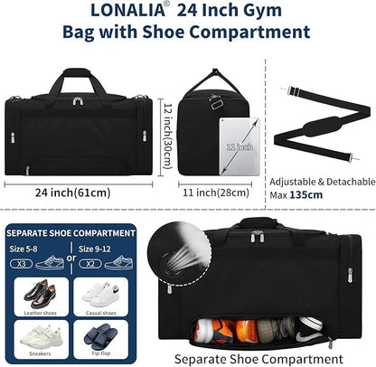 24 inch Mens Gym Bag with Shoe Compartment - 55L Sports Duffle Bag for Travel Workout Fitness-Black