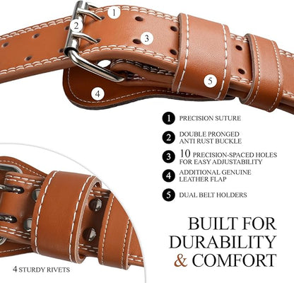 10 Adjustable Holes Genuine Leather Weightlifting Belt, 4”& 6”Width, Double Prong Power Belt for Gym Bodybuilding, weightlifting, powerlifting, squats and deadlifts