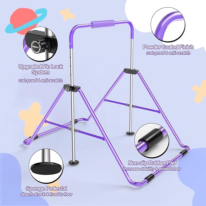 Safly Fun Foldable Gymnastics Bar for Kids, Adjustable 35"-51", Sturdy 145 lbs Capacity, Easy-to-Assemble, Gymnastics Equipment for Kids for Indoor/Outdoor Training
