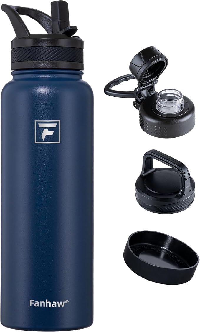 Fanhaw 40 oz Insulated Water Bottle – Stainless Steel Flask with 3 Lids (Straw, Spout, Carabiner) | Durable, Leakproof, for Hiking, Camping, Outdoor Adventures & Travel (Navy Blue)
