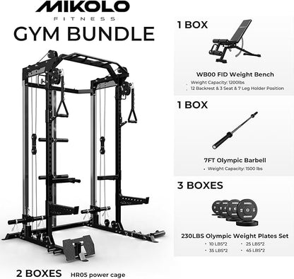 Mikolo Power Cage, 2000LB Power Rack with Independent Dual Pulley System, Multi-Function Home Gym Workout Machine for Cable Crossover